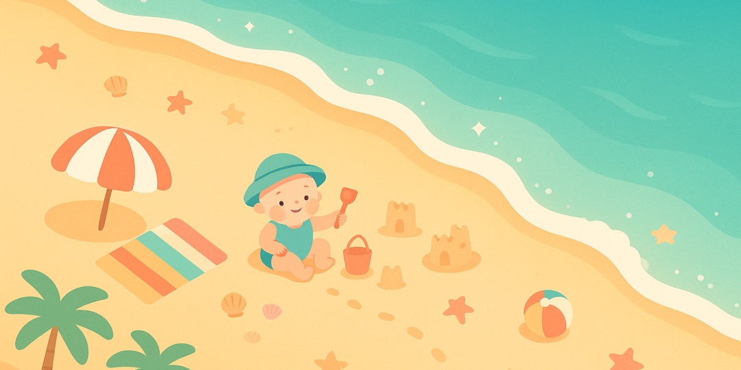 Illustrated beach scene with a baby building sandcastles — Baby Cal's June art